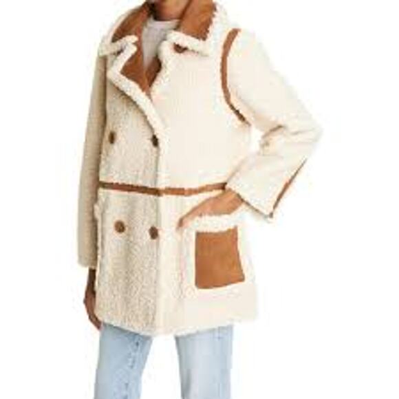Ina Faux Shearling Suede Double Breasted Coat Jacket Cream Ivory Brown Pockets L - Picture 5 of 13